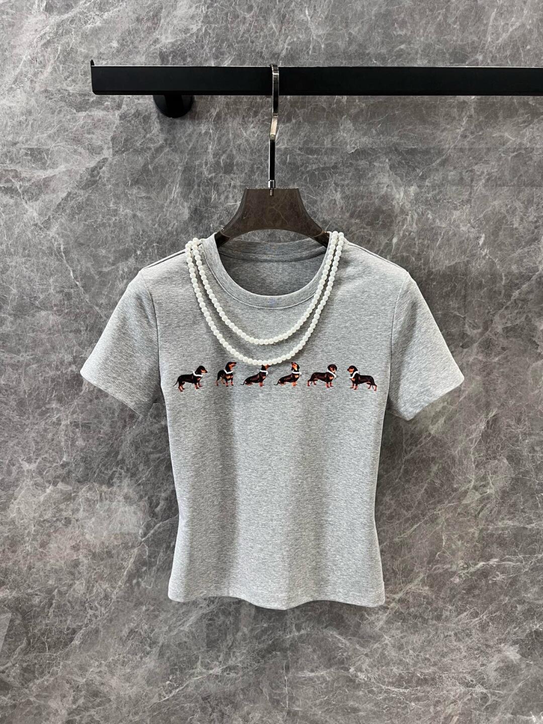 high quality in stock Jennie Same Style 25 Summer New Pearl Necklace Dachshund Short-sleeved T-shirt Women's Slim-fit Top T