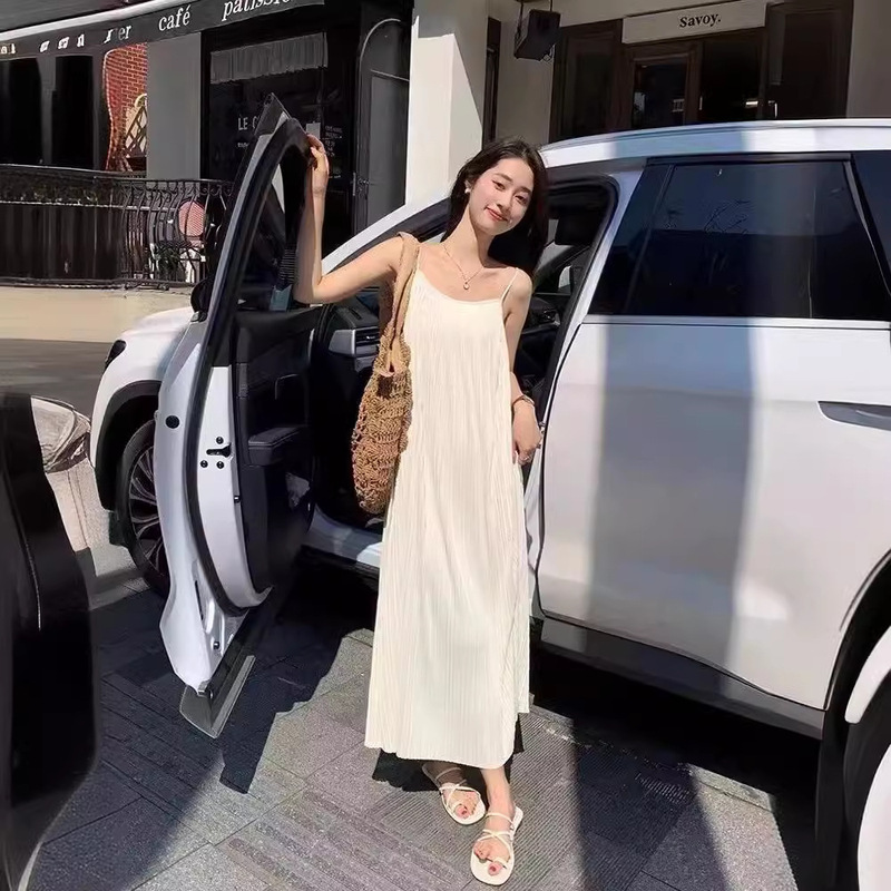 French Sling dress Summer High-end Elegant Simple Large Skirt Drape Slim-fit All-match Pleated Long Dress