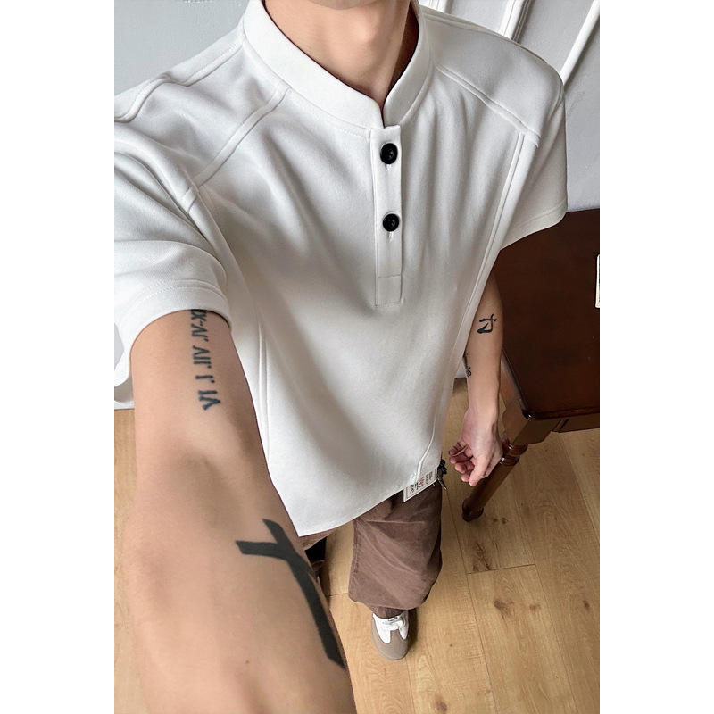T-shirt High Street Henry da uomo, top corto casual versatile e di tendenza per la primavera, con colletto alla coreana in stile americano e maniche corte_voghion.com