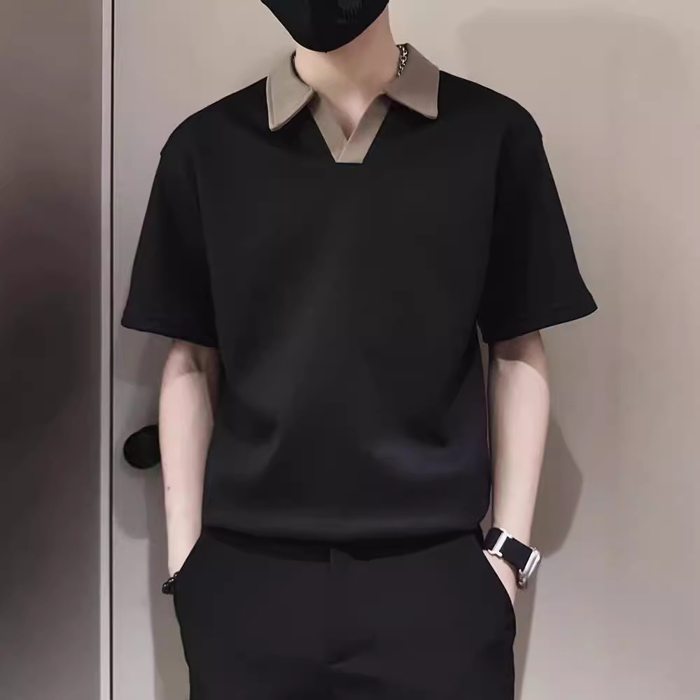 High-end Short-sleeved Men's Summer Trendy Brand Plankton Handsome Contrast Color T-shirt 2024 New Fashion All-match Lapel Polo Shirt for Men