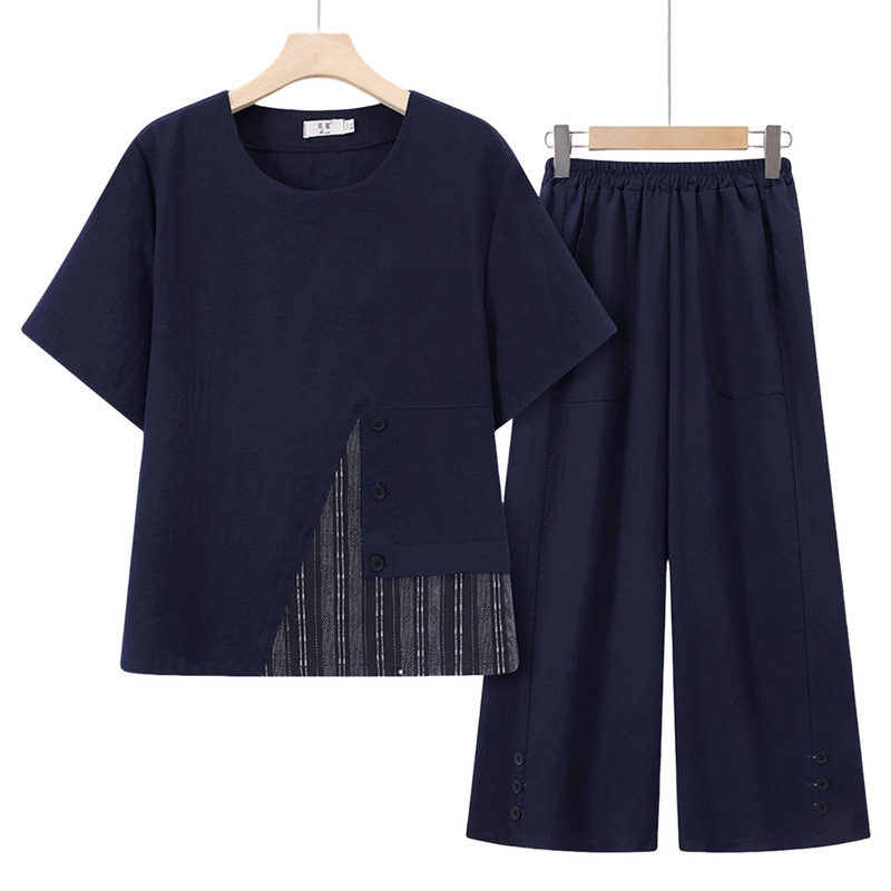 Mom's New Summer Short-Sleeved Suit, Middle-Aged and Elderly Women's Loose Large-Size T-Shirt Tops, Old Lady's Summer Clothes