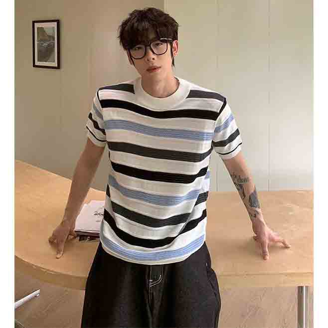 Camiseta de punto de manga corta camiseta de textura de hombres agujeros viejos negocios de hielo de verano fábrica transfronteriza mayorista