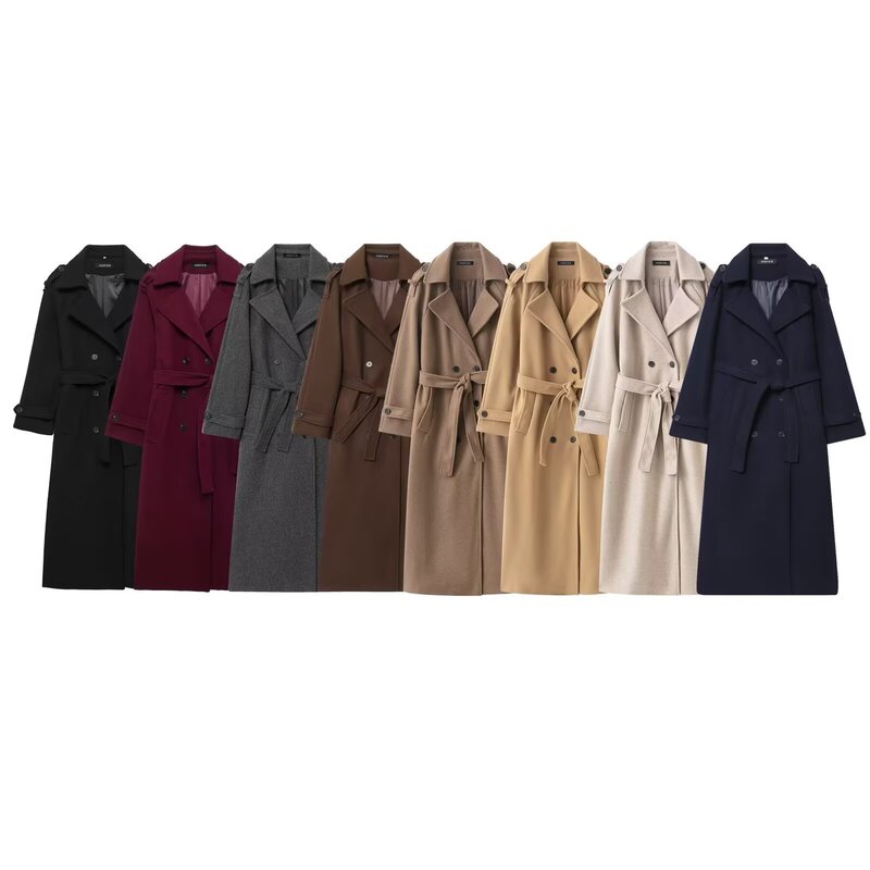 Bsk&Traf Women's 2025 Autum New Classic British Style Woolen Double-Breasted Windbreaker Jacket Outwear