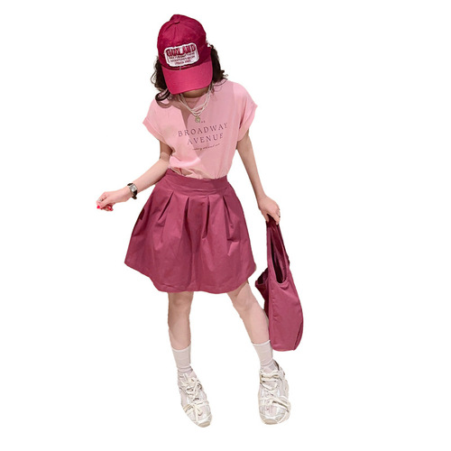 Summer 2024 Girls Short Skirt Set New Medium and Large Children Cotton Letter T-Shirt Trendy Casual Loose Two-piece Set