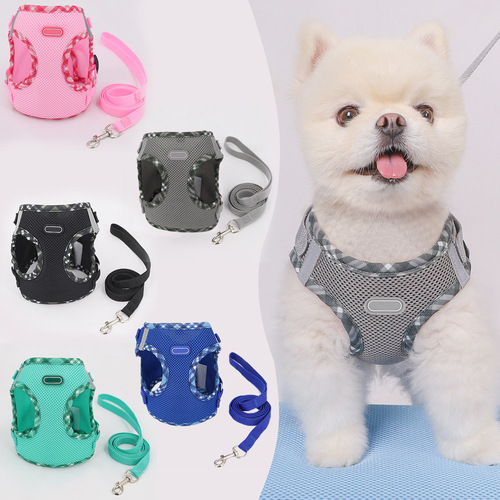 Pet Harness Style Chest Back Pet Set Leash Breathable Mesh Dog Harness Grid Edge Chest Back Shirt