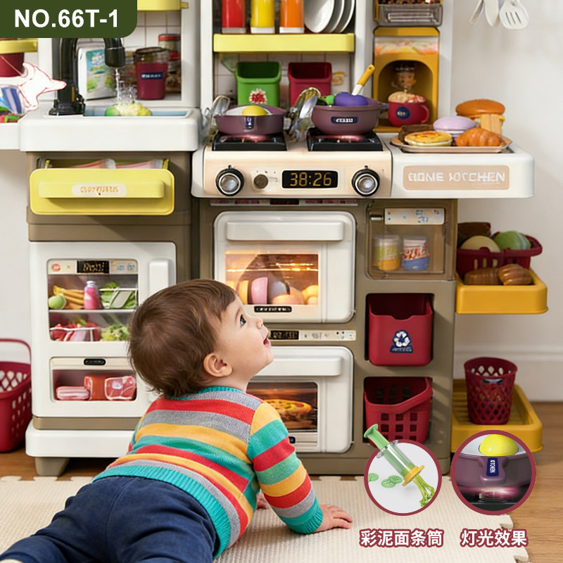 Juguetes de cocina para niños 66 cm doble gabinete grabación de pulverización función de barro de color conjunto de mesa de comedor simulación de juguetes