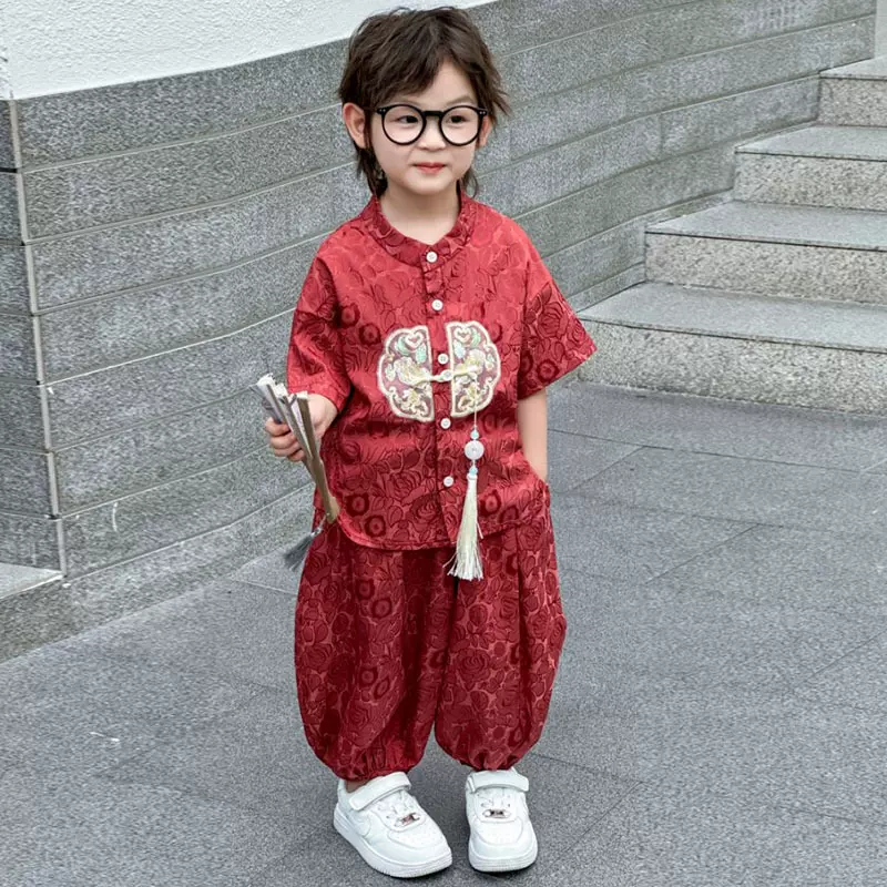 新中式男童女童中国风汉服唐装气质复古提花套装宝宝周岁礼服拍照