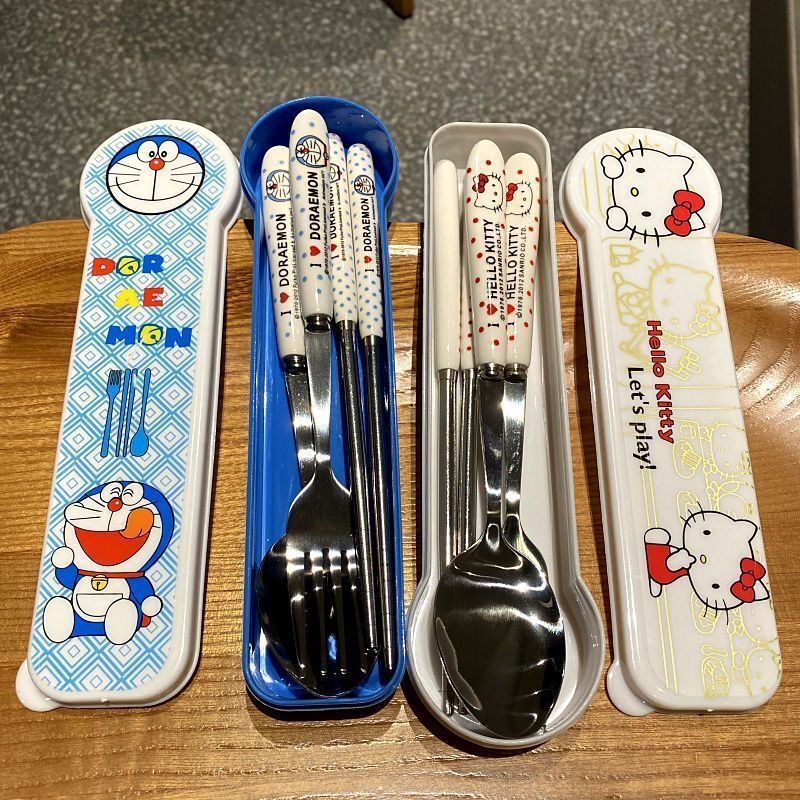餐具不锈钢筷子勺子叉子学生套装收纳盒便携三件套可爱|undefined