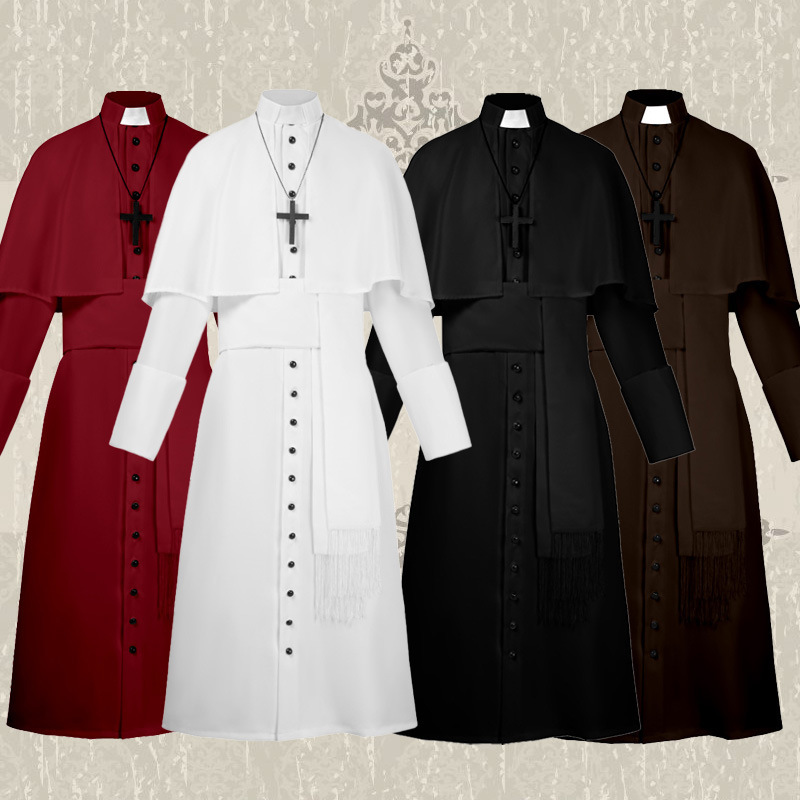 Halloween Cos Medieval Priest Four-Color Priest Uniform Cosplay Retro Pure Color Priest Robe Costume Ready for Sale