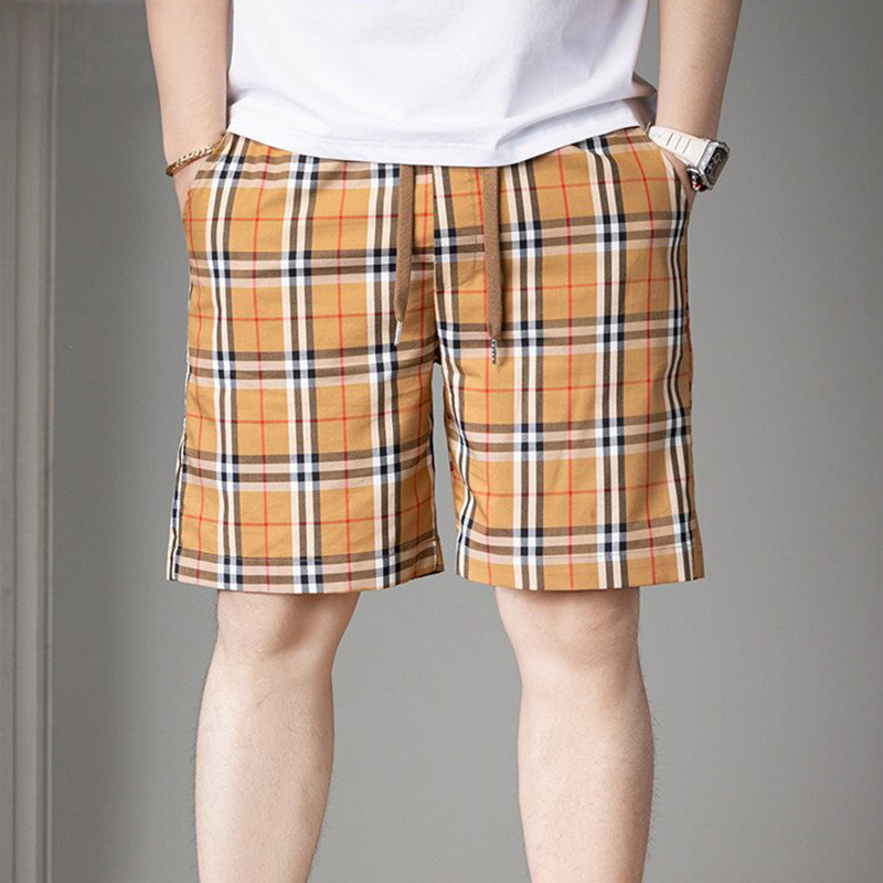 British plaid men's shorts, summer elastic waist drawstring straight-leg knee-length pants, breathable and versatile, trendy brand outerwear shorts