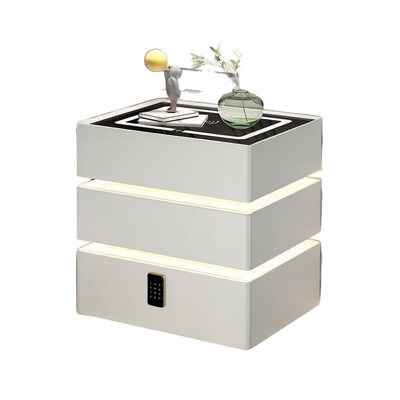 Moda inteligente mesita de cabecera de cuero sintético cuero amón combinado con cajón de madera sólida con lámpara LED de huellas dactilares bloqueo inalámbrico