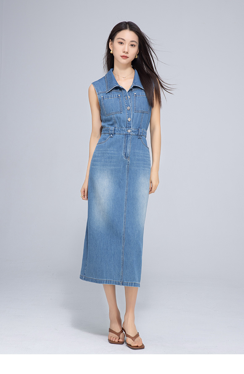 Váy denim cổ điển dáng dài không tay, thắt eo tôn dáng — Xanh lam hoài cổ chi tiết 24