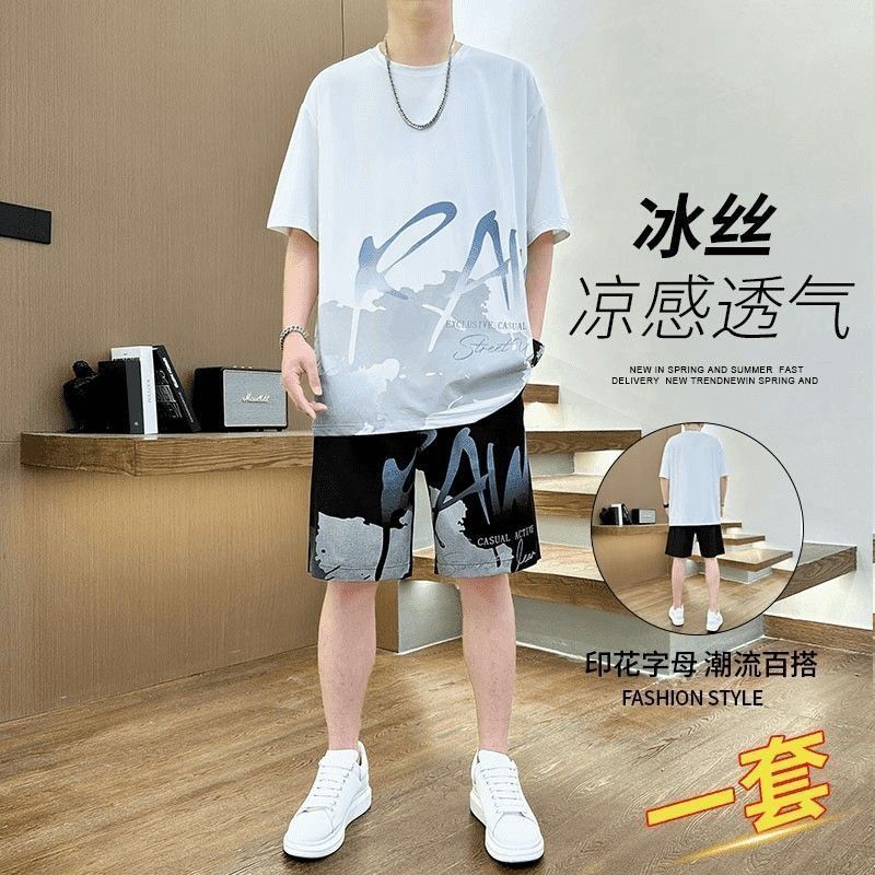 メンズ夏用アイスシルク薄手速乾服、半袖Tシャツ、ショートパンツ、カジュアルスポーツウェア、ハンサムな衣装のセット|undefined