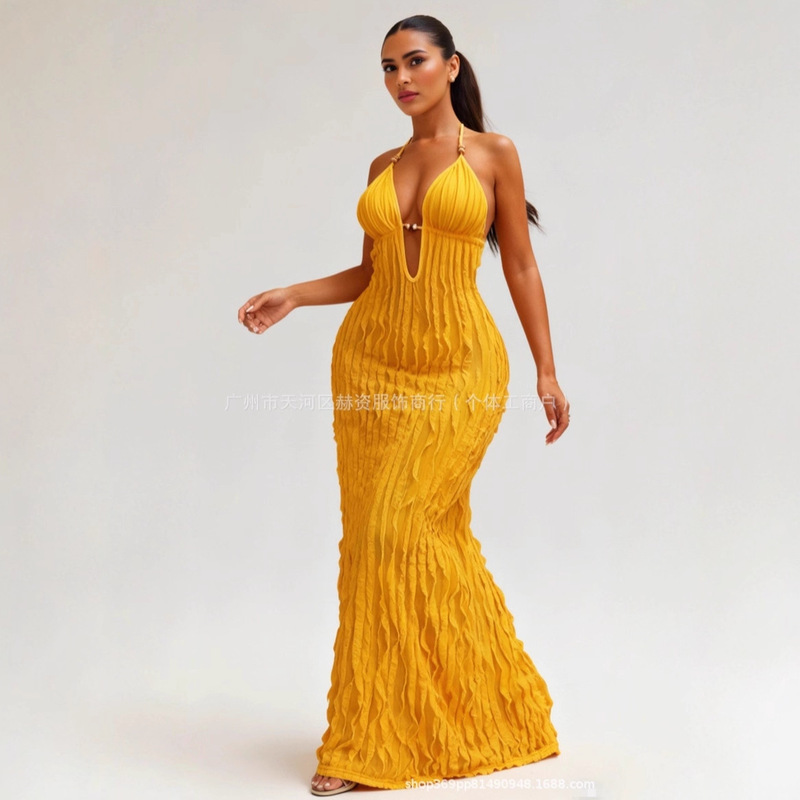 Cross-Border Women's Clothing European and American Style 2025 Autumn Cow Blinds Wave Pattern Hot and Sexy Chest-Wrapped Long Dress Wholesale