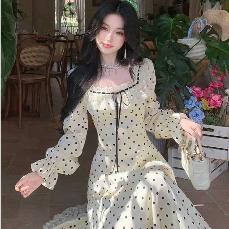 时光圆舞曲法式温柔气质风优雅波点蕾丝拼接连衣裙长款秋季裙子潮|undefined