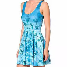 新品时尚欧美 蓝色格子门3D数码印花短裙 百褶裙3WDSDB86-1044