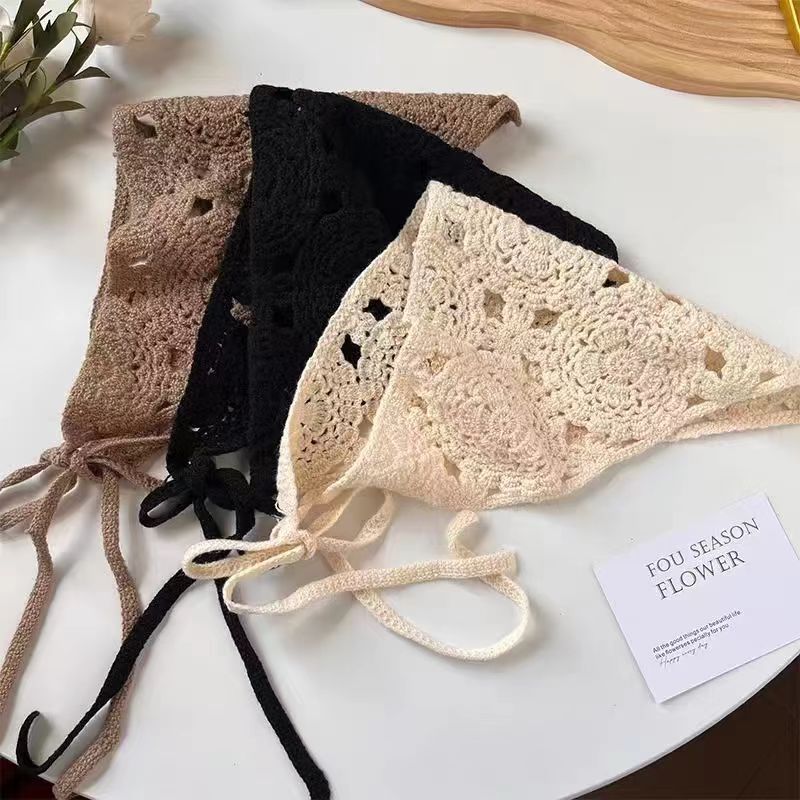 Hollow Knit Floral Triangle Scarf Headscarf for Forest-style Girls, Sun-shading Hair Wrap, Countryside Style Beach Photo Headwear