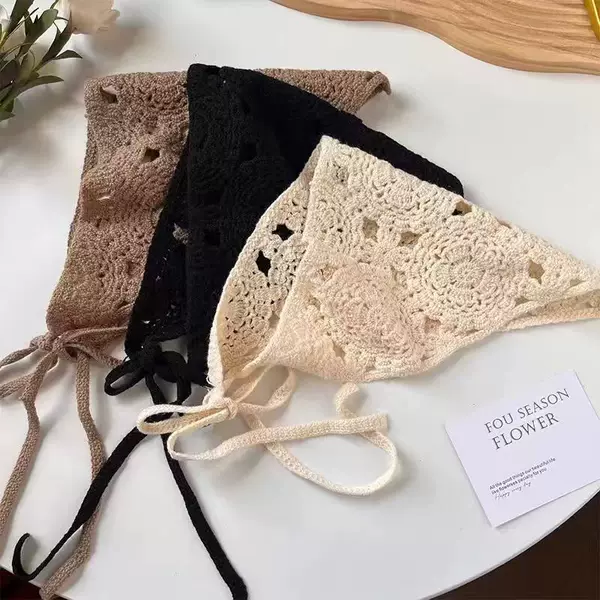 Hollow Knit Floral Triangle Scarf Headscarf for Forest-style Girls, Sun-shading Hair Wrap, Countryside Style Beach Photo Headwear