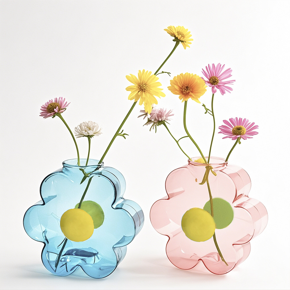 Flores de color minimalistas creativas, vasijas de vidrio hidropónicas, arreglos de flores de color transparentes, adornos de mesa de comedor