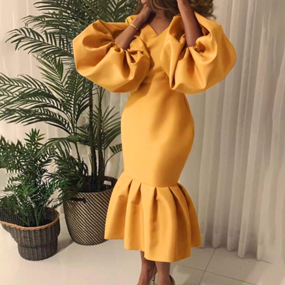 Africa Women'S Solid V-Neck Bubble Long Sleeve Fishtail Dress Evening Dress Lady Dress