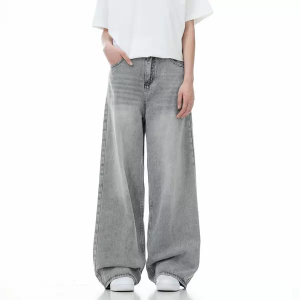 Manufacturer Wholesale American-Style Distressed Whiskered Gray Jeans for Men and Women Trendy Versatile Cleanfit Wide-Leg Floor-Length Pants