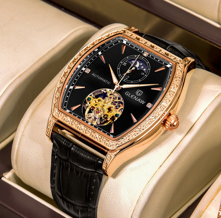 グレンの新作機械式腕時計、ムーンフェイズ、スケルトン、夜光、防水、樽型、メンズ-8168