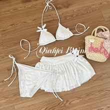 《椰奶白》法式白色刺绣温泉度假比基尼分体泳衣女外搭裹裙短裙