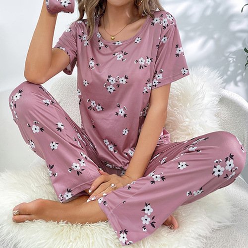 Fen Liang Women's Homecoming Set with Round Neck Short Sleeve Pants, Milk Silk Full Print Small Flowers with Eye Mask, Three-Piece Pajama Set, Fashionable