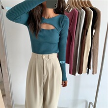 Solid slim cut hollow out long sleeved top��ɫ�����U������Ů