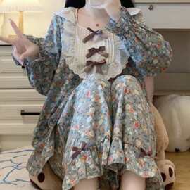 胖mm300斤大码甜美公主风家居服女秋季宽松蝴蝶结蕾丝边睡衣套装