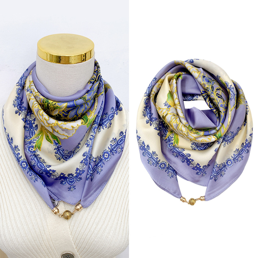 보라색 모란(65 모조 실크 자석 버클 사각 스카프)