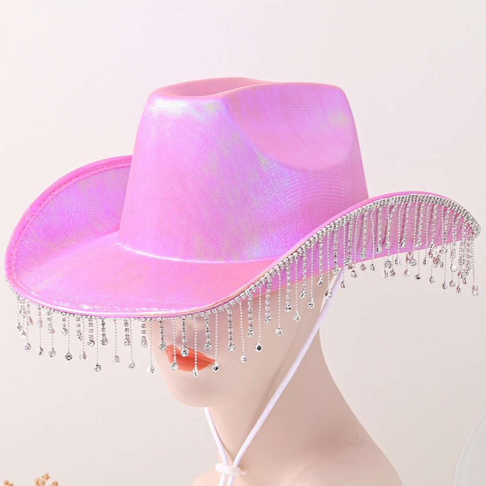 Chapeau de cowboy western pour femme, élégant, à larges bords et pompons scintillants en strass. Chapeau tendance._voghion.com