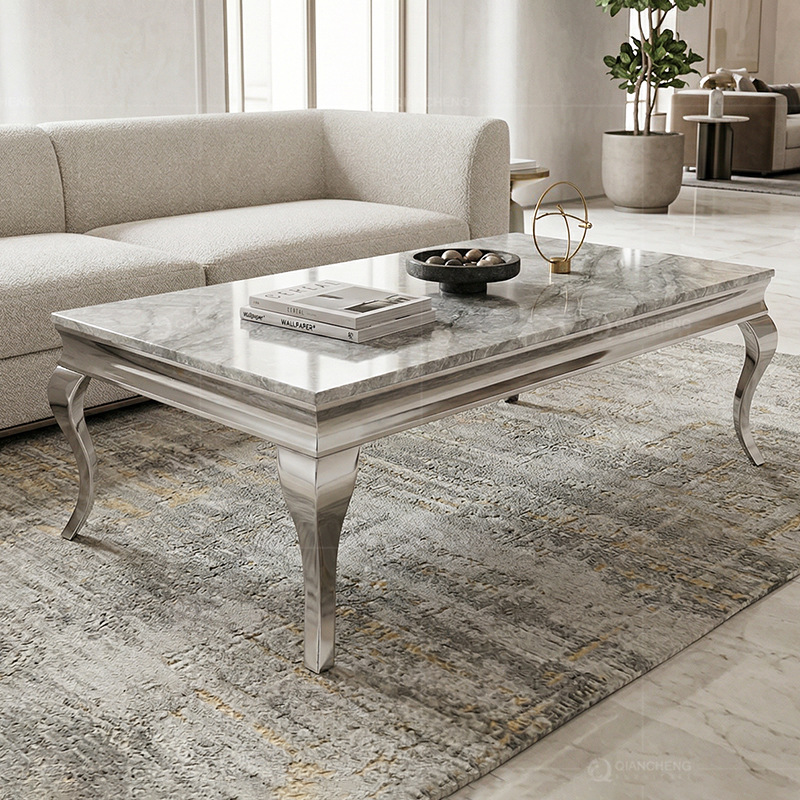 Mesa de Centro de Mármol Estilo Italiano de Acero Inoxidable con Estructura Metálica para Sala de Estar, Hotel y Oficina