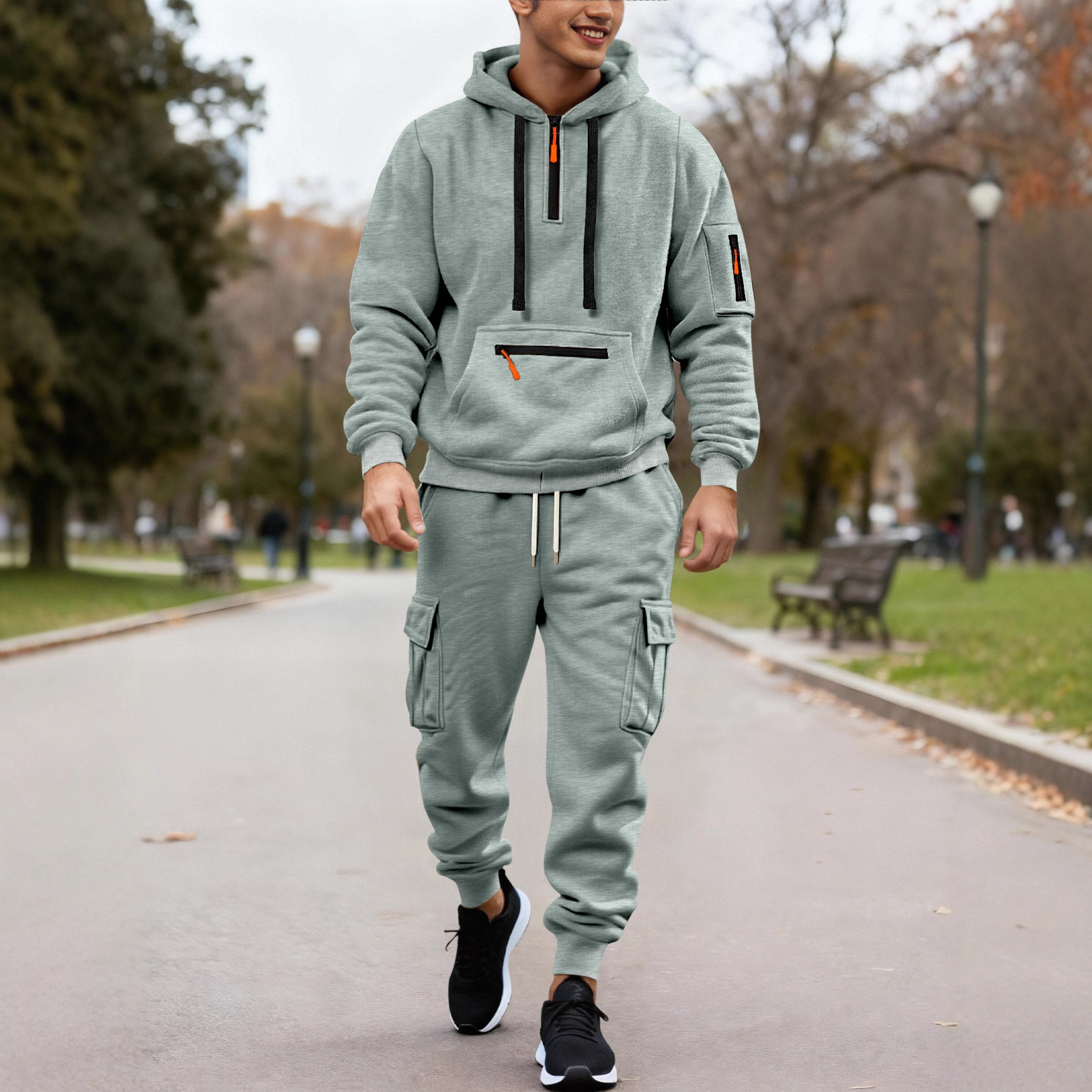 Transfronterizo Europa y América hombre sudadera encapuchada de color sólido cuello redondo suelta sudadera de manga larga sudadera set de pantalones