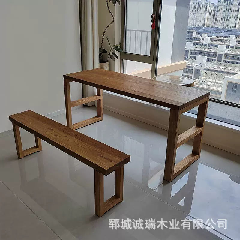 双人实木电脑桌家用台式笔记本工作台老榆木大板书桌极窄长条桌子