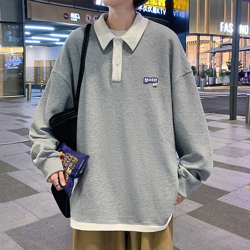 Cross-border 2025 Spring and Autumn New Men's Polo Shirt Collar Long Sleeve T-shirt Contrast Color Couple Base Shirt Loose