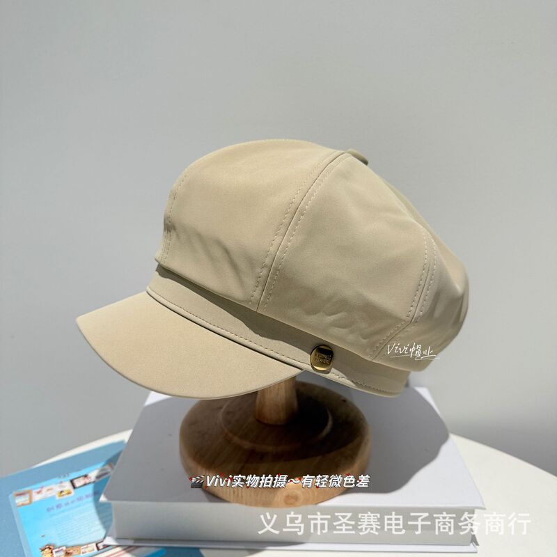 日系大头围棕色磨砂皮八角帽子女秋冬季皮质复古文艺韩版报童帽|undefined