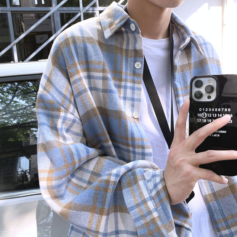 Early Autumn Long-sleeved Woolen Plaid Shirt Men's Spring and Autumn Hong Kong-style Men's Casual Shirt Design High-end Jacket