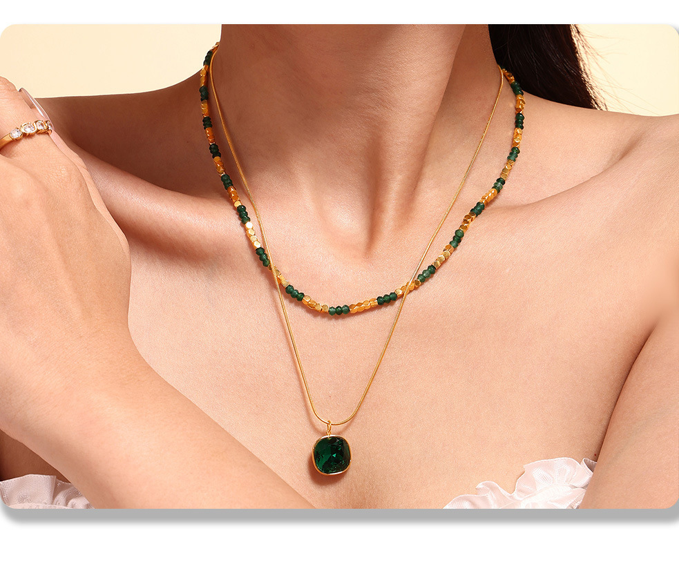 Natural Stone Crystal Pendant Necklace Double Layer Stainless Steel_voghion.com