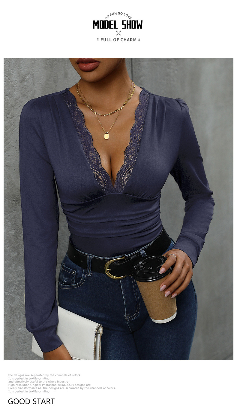 Solid Color Lace Stitching Elegant Long-sleeved Slim Fit Jumpsuit_voghion.com