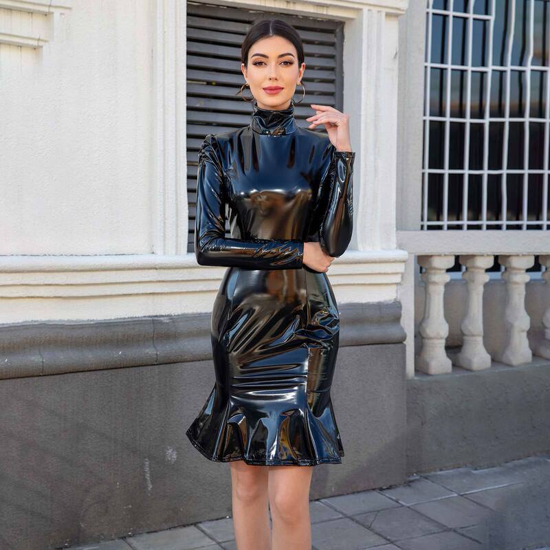 Cross-border foreign trade plus size pu dress Europe and America Amazon women's wish bright face patent leather club fishtail skirt women