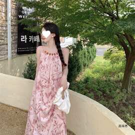 2026秋季女新款韩版CZ通勤甜美度假风复古水墨印花串珠吊带连衣裙
