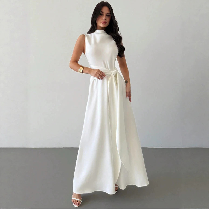 2026 European and American Summer New Minimalist Style Solid Color Satin Sleeveless Stand Collar Tie Waist Slit Long Dress