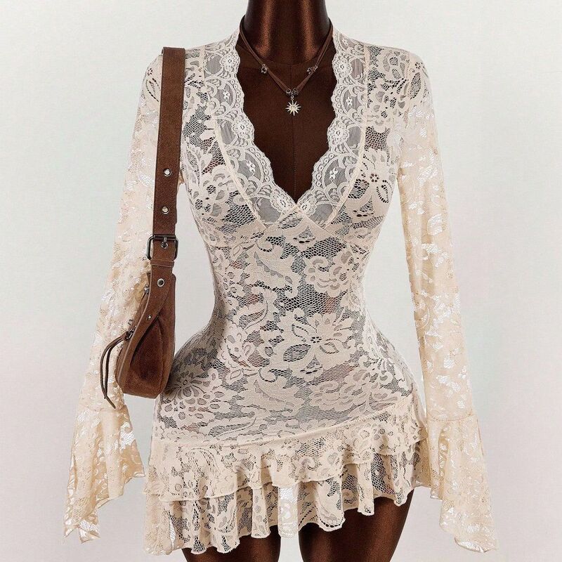 Dark Gothic Style Black Lace Deep V Flared Sleeve Slim-Fit Top Punk Sexy Sheer Top