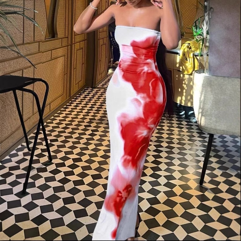 Women's Slim Fit Strapless Floral Dress Backless Long Skirt For Fashion_ecoleips.com