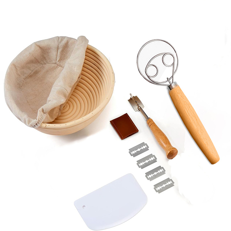 Juego de herramientas para hornear de estilo europeo, canasta de fermentación de masa, harina, batidor de polvo de acero inoxidable, juego de 12 piezas para hornear con raspador
