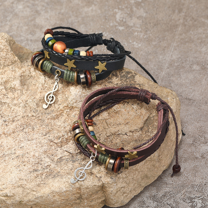 Europe and the United States hot beaded leather woven vintage bracelet alloy note cowhide bracelet cross-border e-commerce supply jewelry