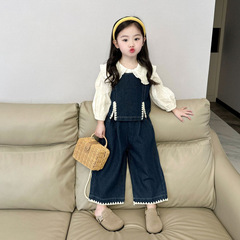 2025秋の新作女の子おしゃれスーツ子供用おしゃれラペルシャツ+デニムベストとズボンの3点セット
