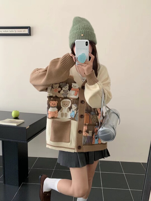 重工卡通小熊刺绣开衫毛衣女2025秋冬新款森系撞色复古针织衫外套|undefined