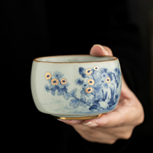 汝窑主人杯釉中青花茶杯手工描金绘金品茗杯大号功夫茶杯个人专用